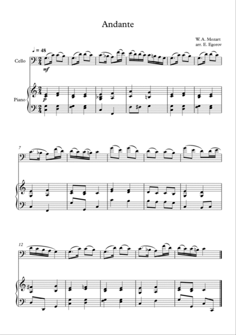 Andante (In Eb Major), Wolfgang Amadeus Mozart, For Cello & Piano Piano scores gallery preview page 1