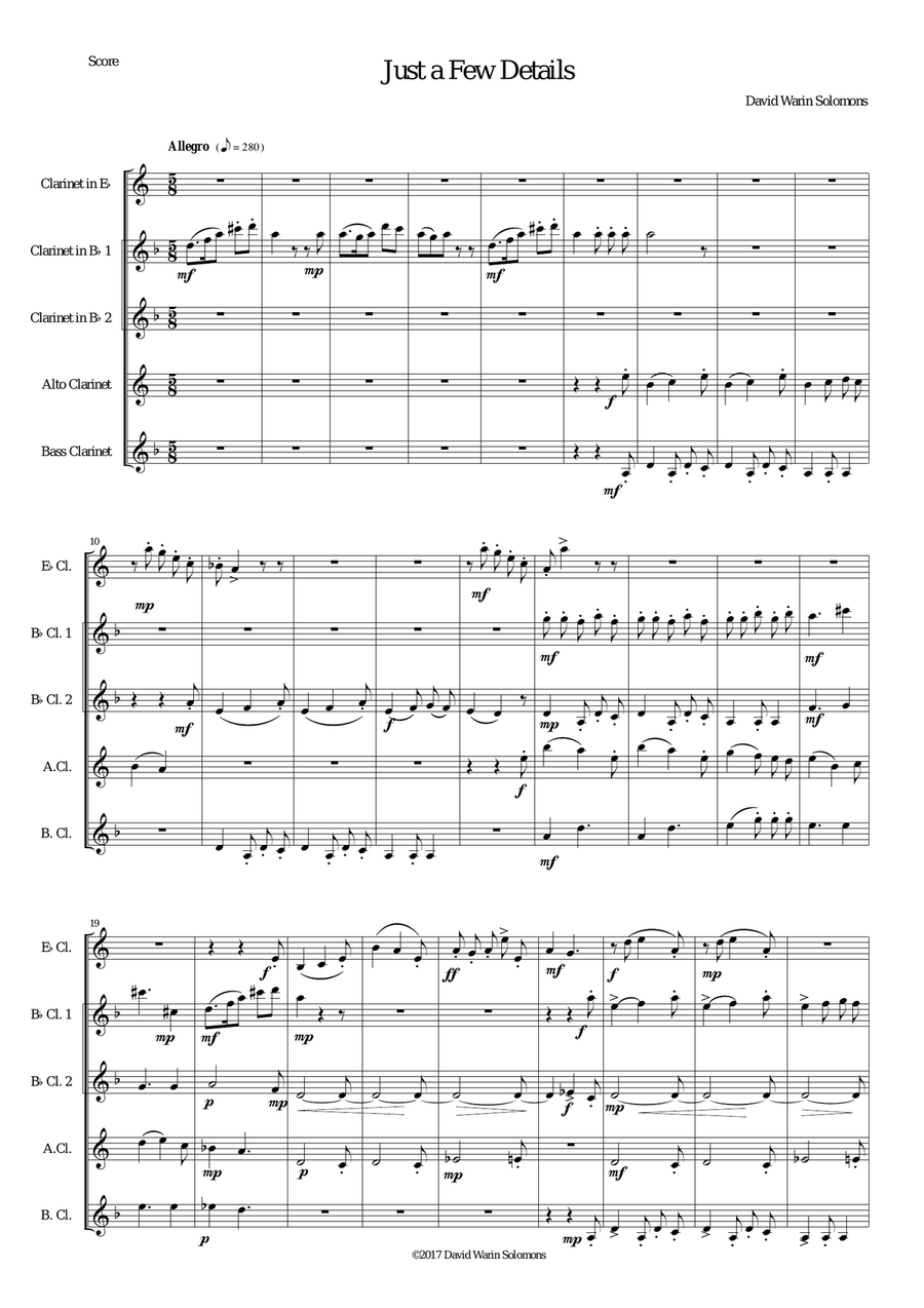 Just a Few Details for clarinet quintet (E flat, 2 B flats alto and bass) Clarinet Quintet scores gallery preview page 1