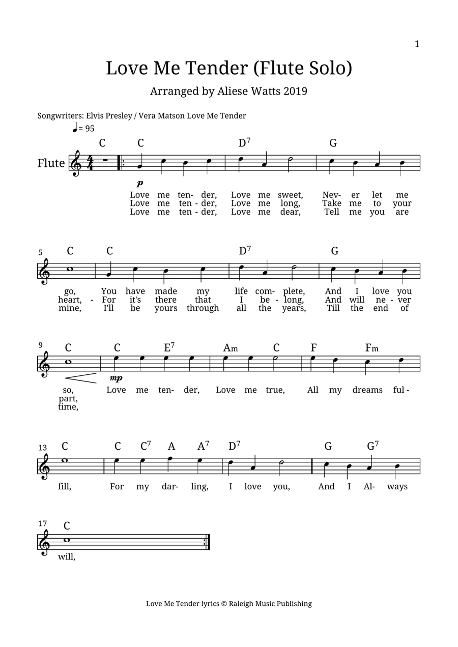 Love Me Tender Flute Solo scores gallery preview page 1