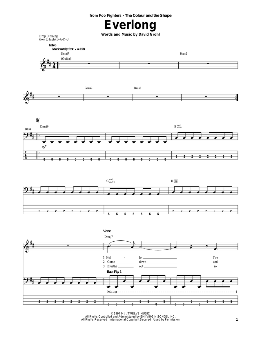Everlong Bass Guitar Tablature scores gallery preview page 1