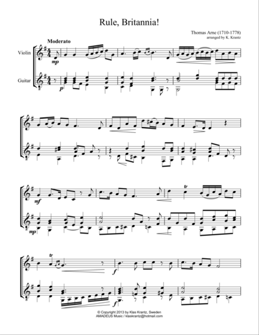 Rule Britannia! for violin and easy guitar String Duet scores gallery preview page 1