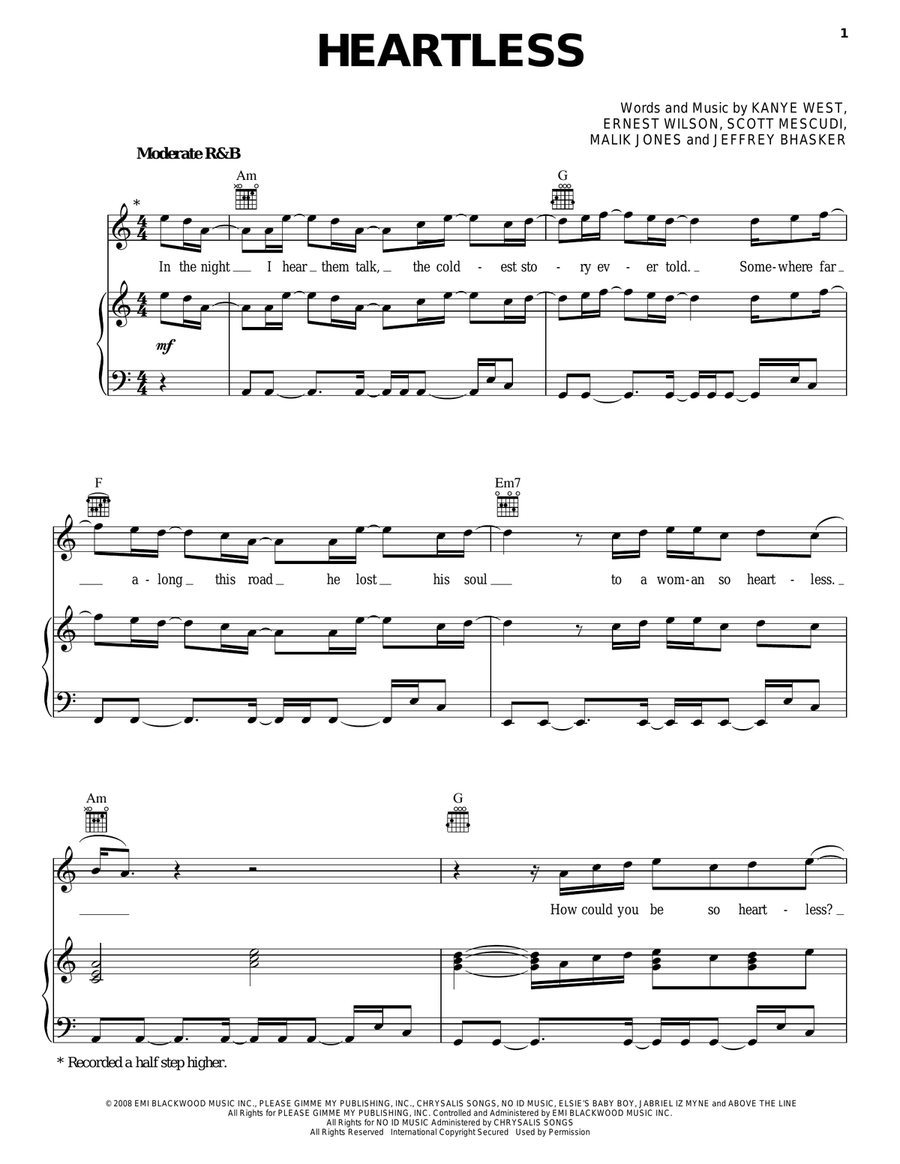 Heartless Piano, Vocal, Guitar scores gallery preview page 1