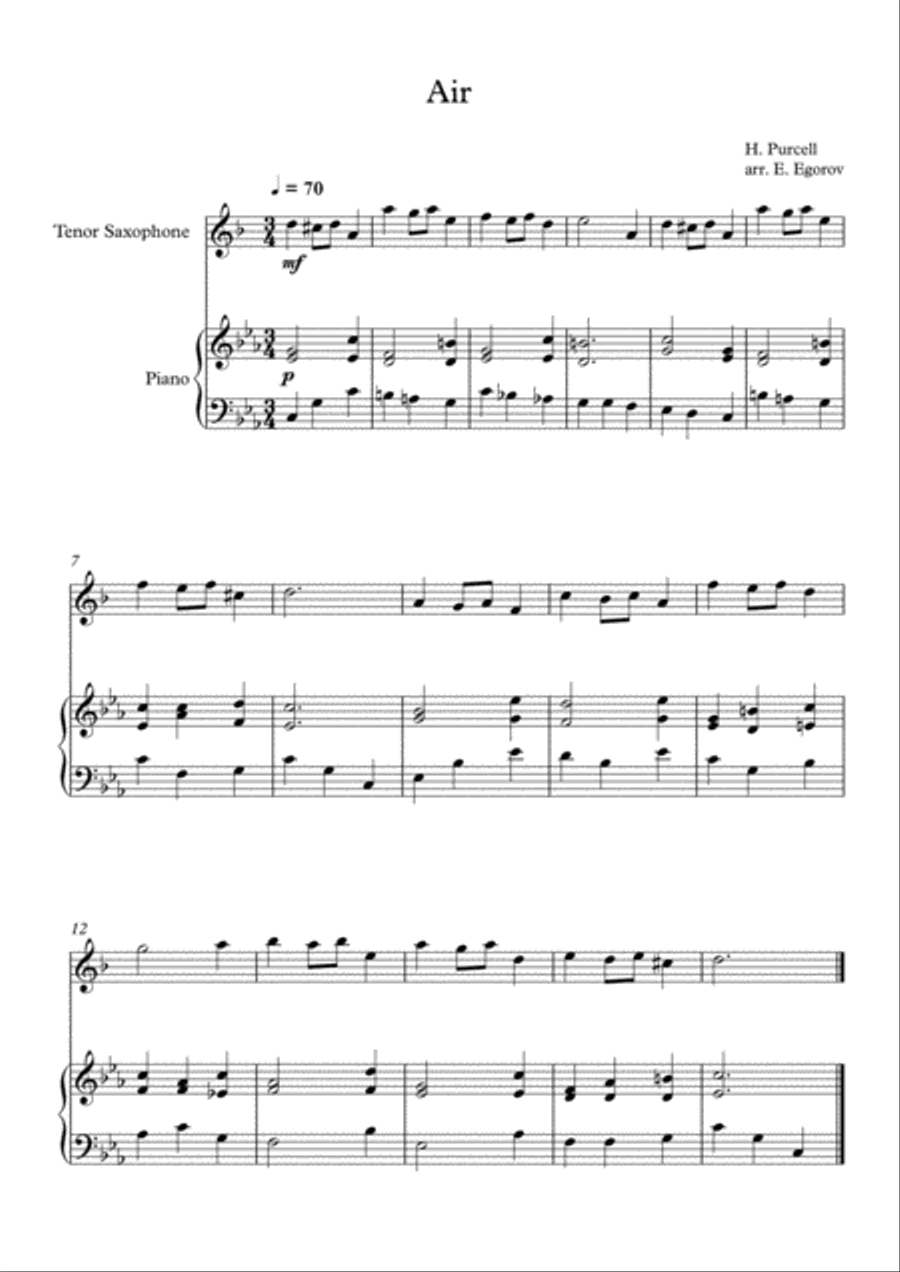 Air, Henry Purcell, For Tenor Saxophone & Piano Tenor Saxophone scores gallery preview page 1