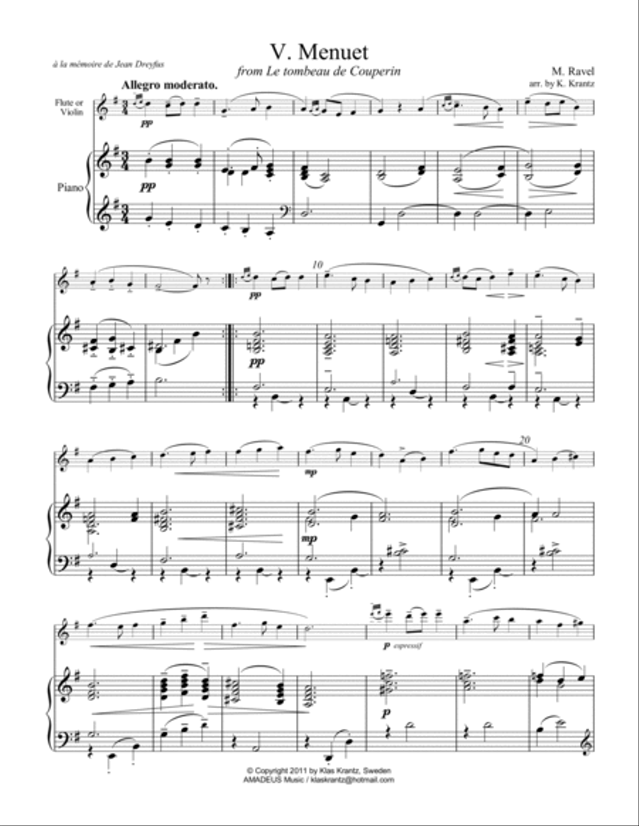 Menuet from Le tombeau de Couperin for flute or violin and piano Flute scores gallery preview page 2
