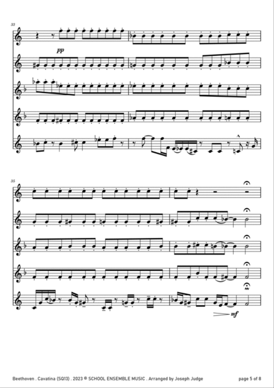 Cavatina by Beethoven for Saxophone Quintet in Schools Saxophone Quintet scores gallery preview page 5