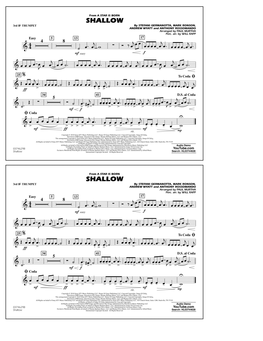 Shallow (from A Star Is Born) (arr. Paul Murtha) - 3rd Bb Trumpet B-Flat Trumpet scores gallery preview page 1