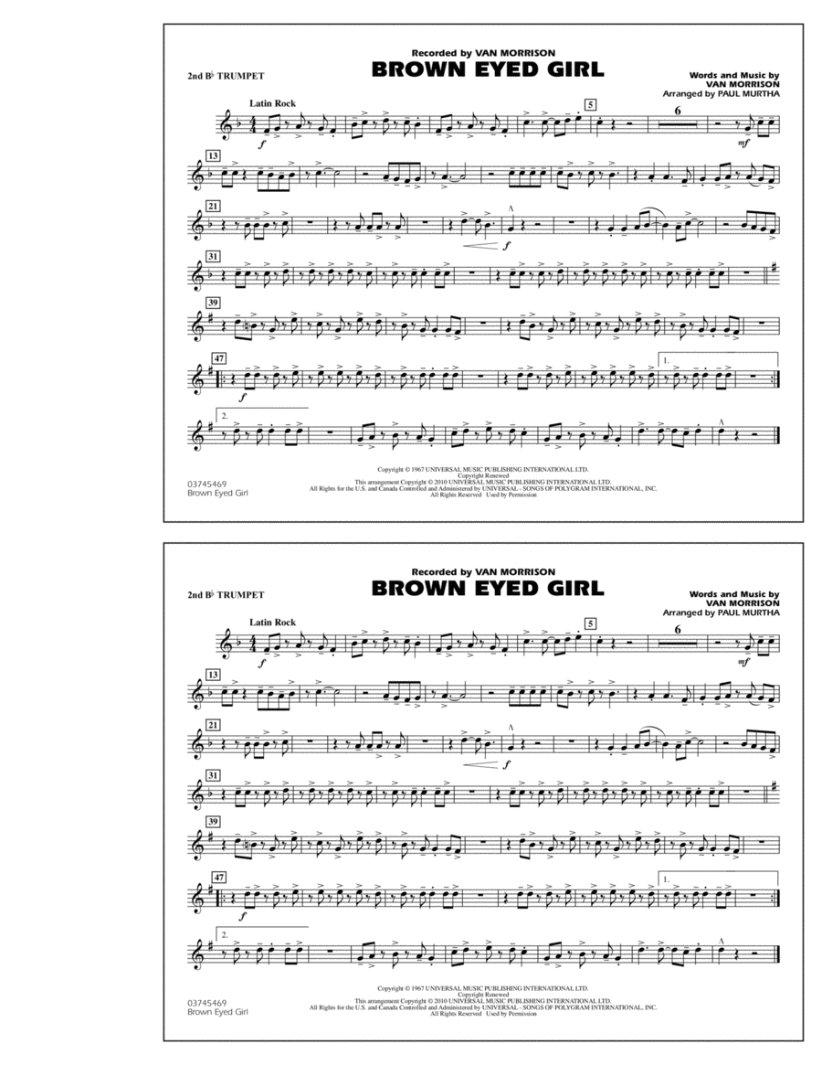 Brown Eyed Girl - 2nd Bb Trumpet Marching Band scores gallery preview page 1