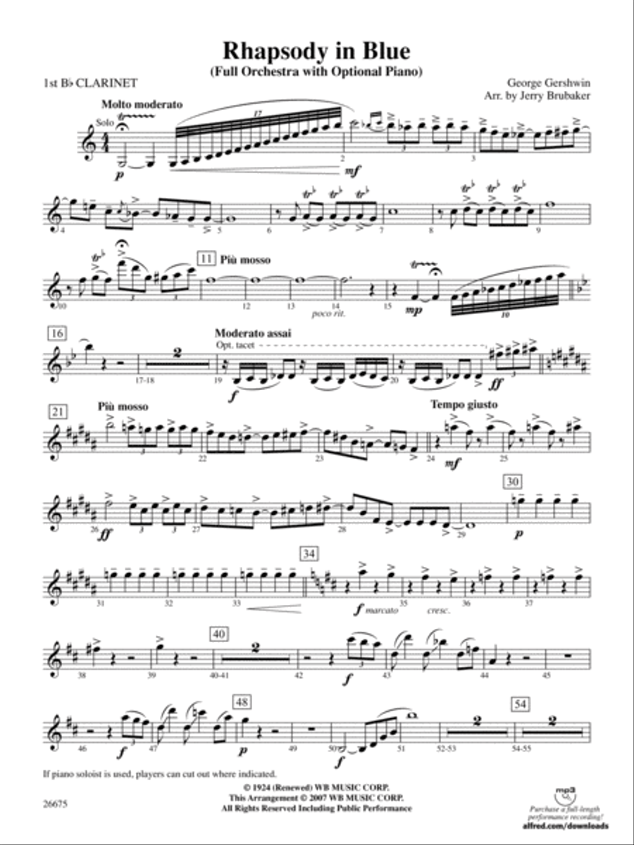 Rhapsody in Blue: 1st B-flat Clarinet Full Orchestra scores gallery preview page 1