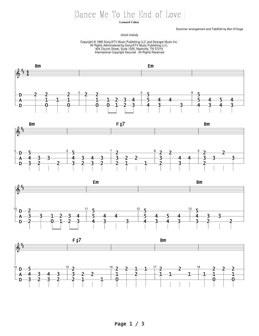 Dance Me To The End Of Love Dulcimer scores gallery preview page 1
