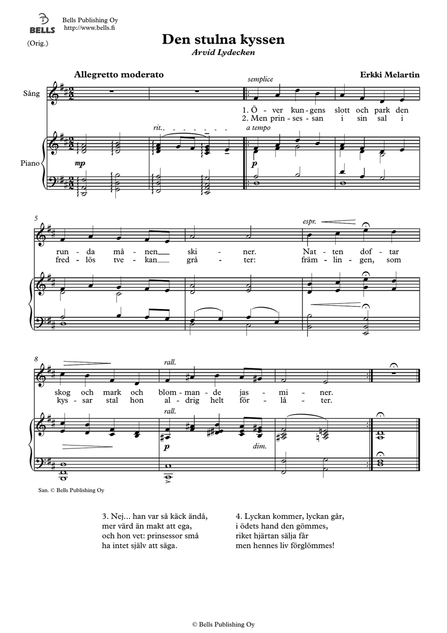 Den stulna kyssen (Original key. D Major)