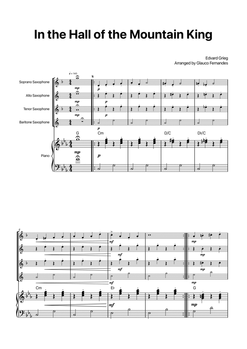 In the Hall of the Mountain King - Saxophone Quartet with Piano and Chord Notations image number null