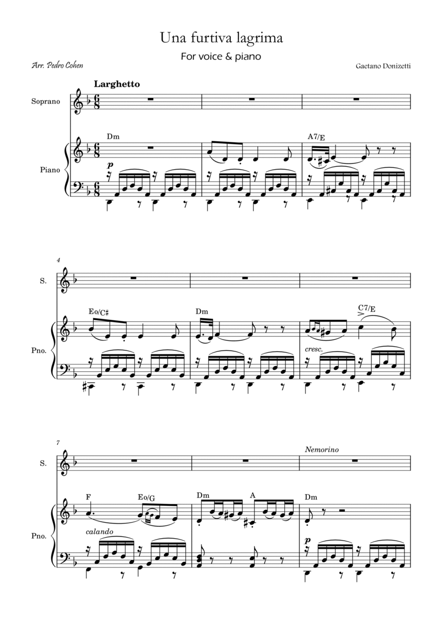 Una Furtiva Lagrima (Soprano in Dm) Piano, Vocal, Guitar scores gallery preview page 1