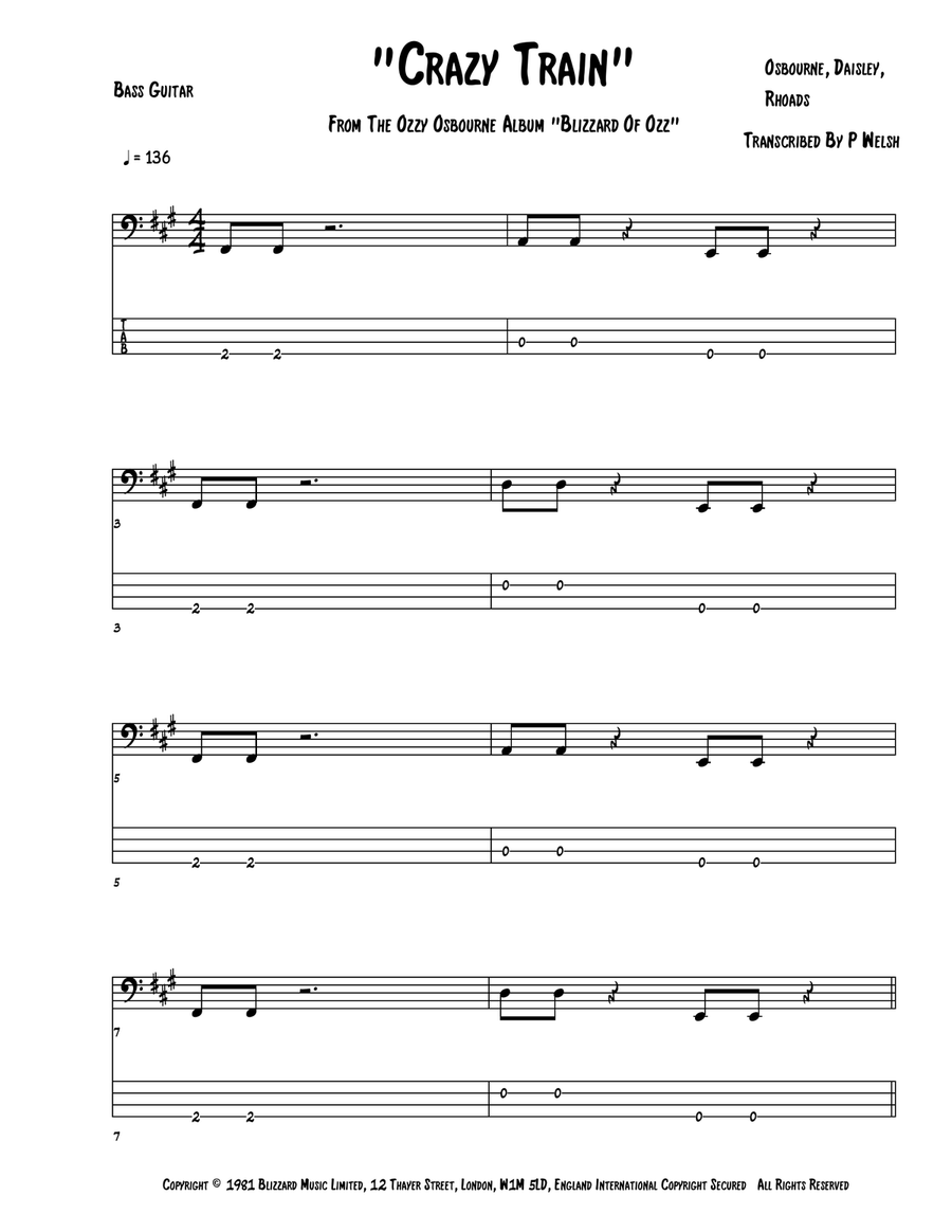 Crazy Train Bass Guitar Tablature scores gallery preview page 1