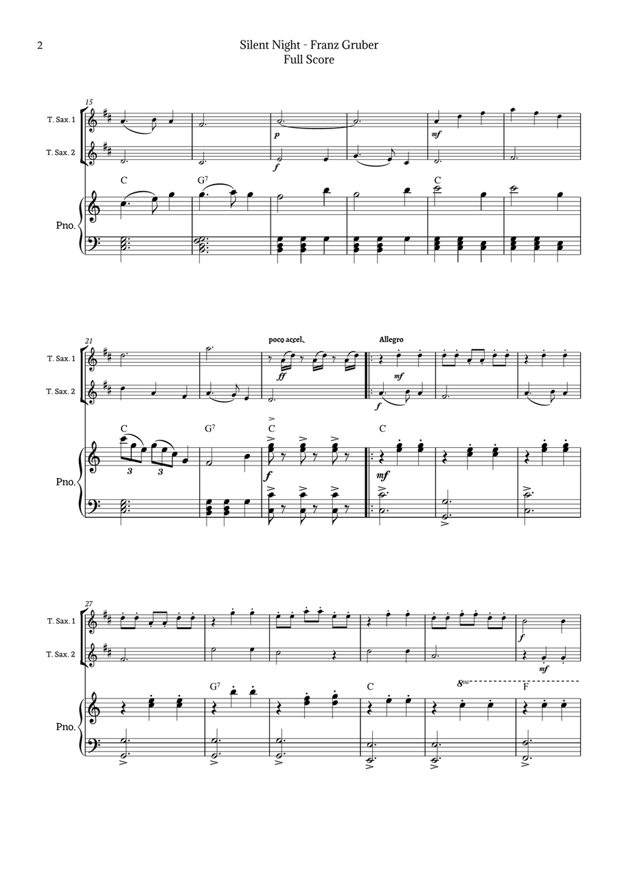 Silent Night for Tenor Sax Duet with Piano Woodwind Duet scores gallery preview page 2