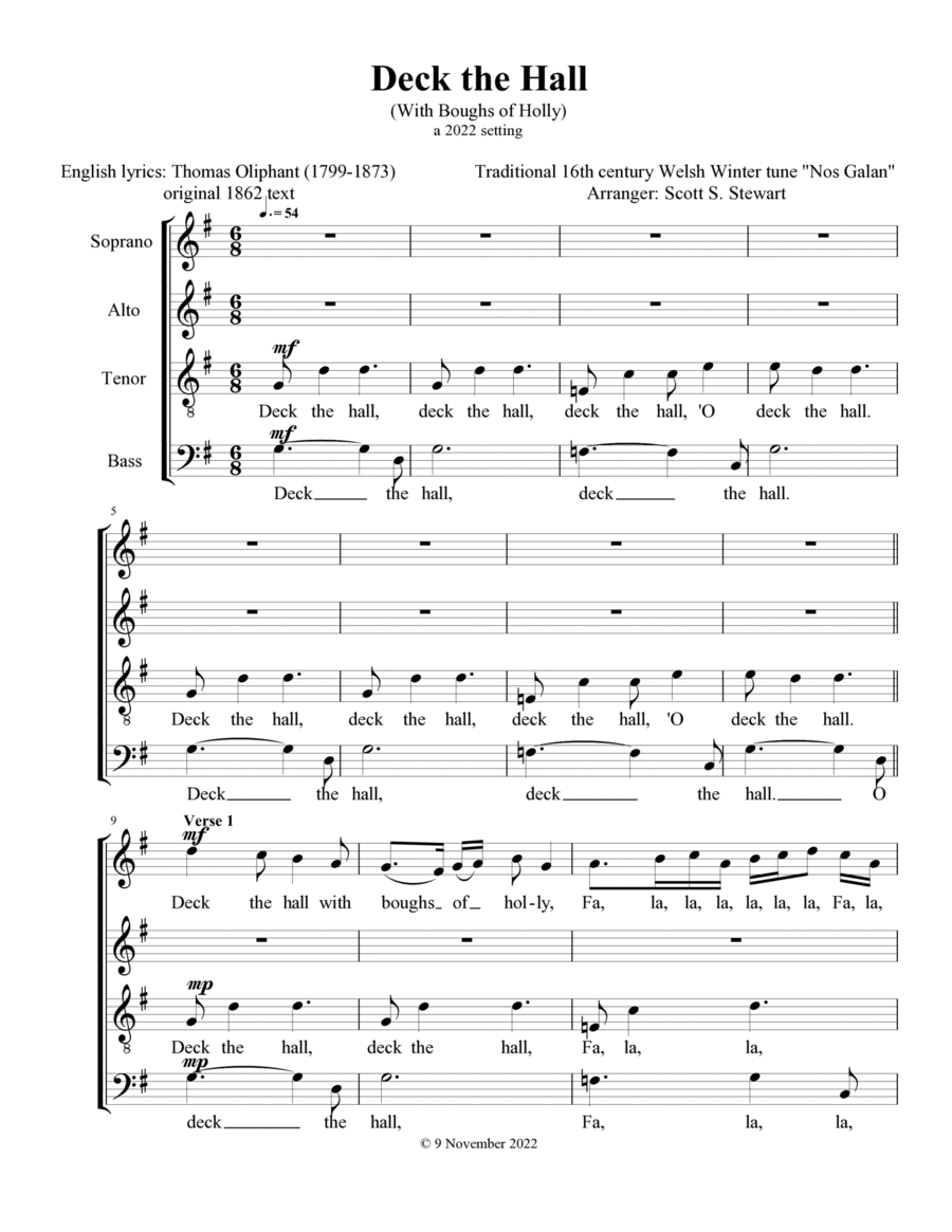Deck the Hall (secular Christmas air) 4-Part scores gallery preview page 1