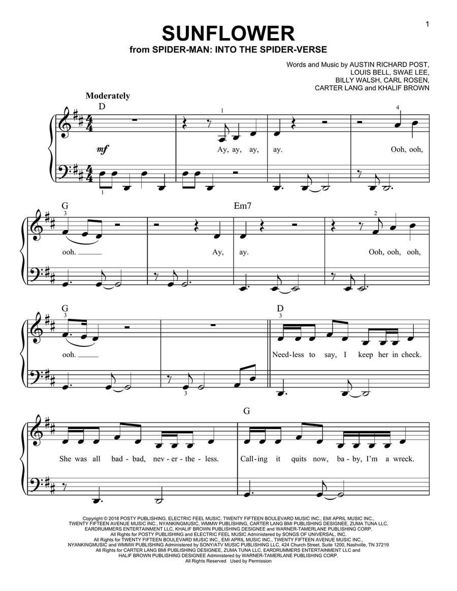 Sunflower (from Spider-Man: Into The Spider-Verse) Easy Piano scores gallery preview page 1