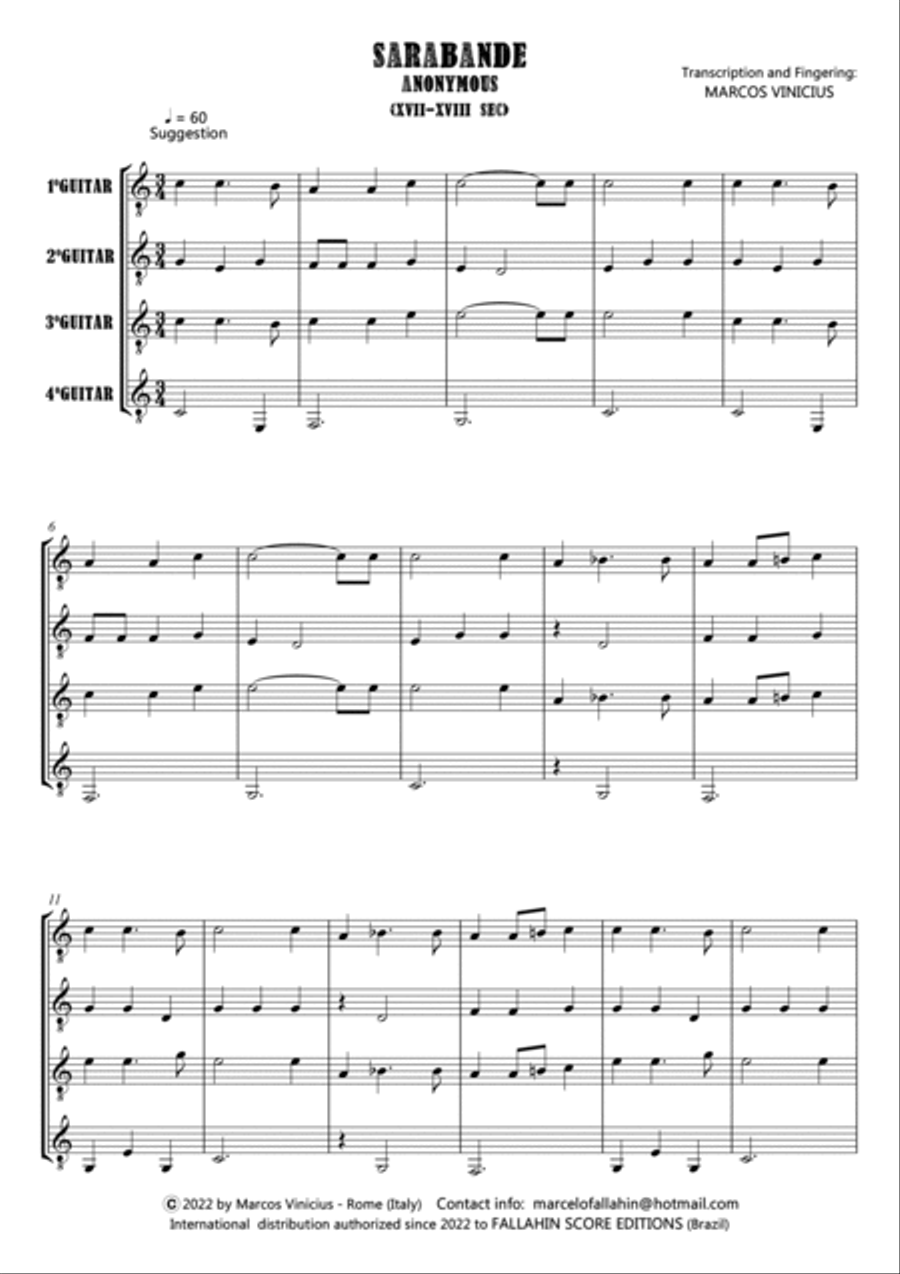 SARABANDE - ANONYMOUS - FOR GUITAR QUARTET Guitar Ensemble scores gallery preview page 2