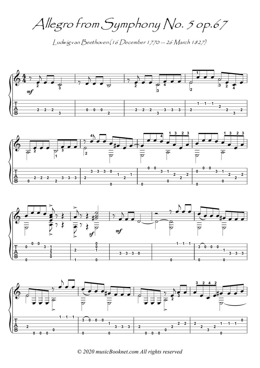 Allegro Symphony 5 op 67 by Beethoven guitar solo Acoustic Guitar scores gallery preview page 1