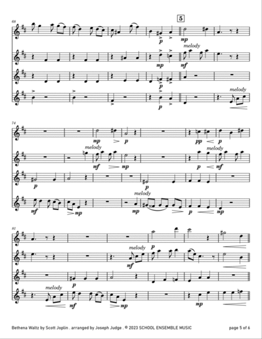 Bethena Waltz by Scott Joplin for Clarinet Quartet in Schools Clarinet Quartet scores gallery preview page 5