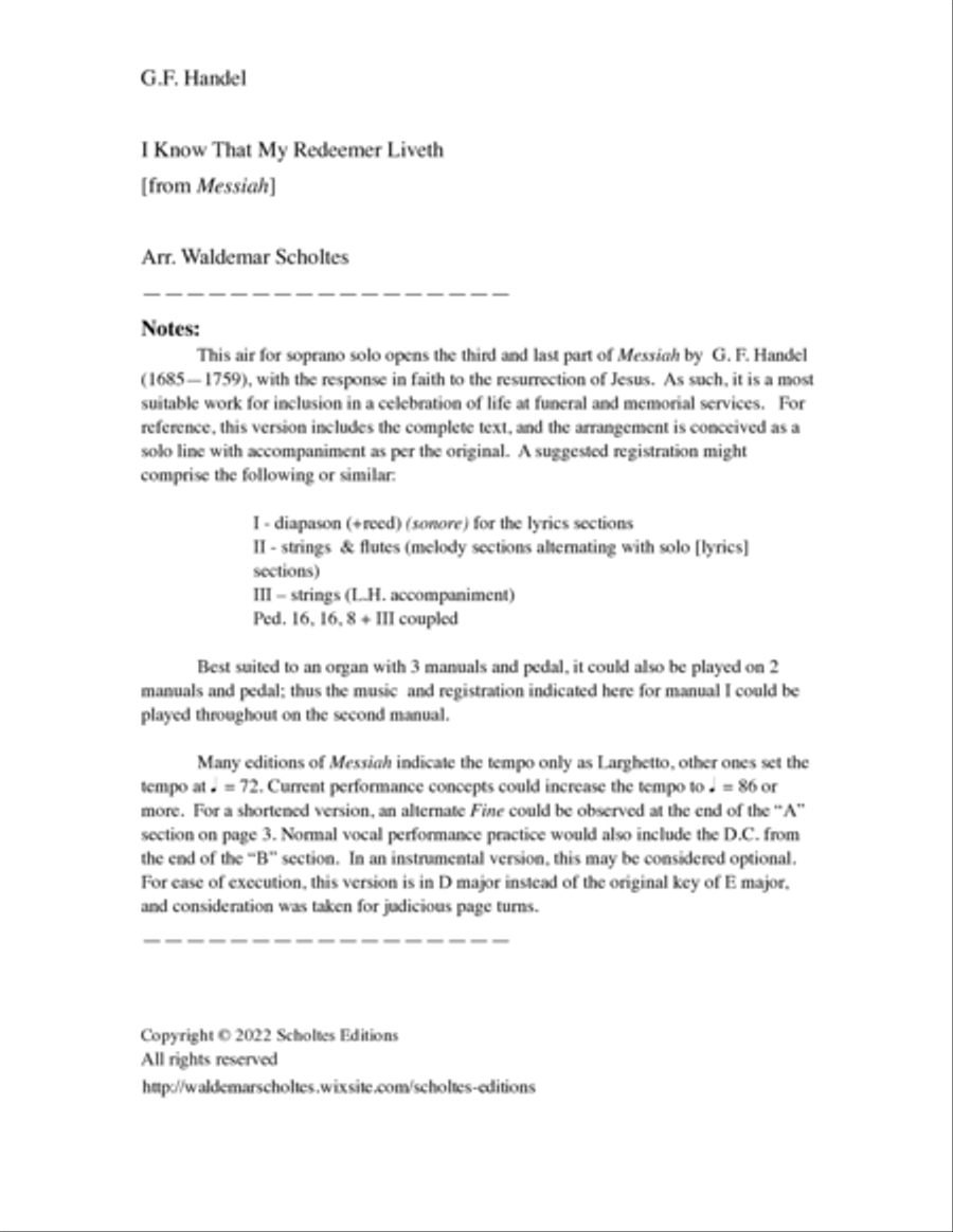 Handel: I Know That My Redeemer Liveth [Messiah] for Organ Organ Solo scores gallery preview page 2