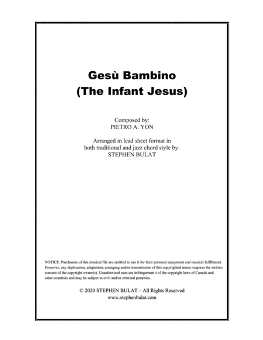 Gesù Bambino (The Infant Jesus) - Lead sheet arranged in traditional and jazz style (key of E)