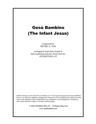 Gesù Bambino (The Infant Jesus) - Lead sheet arranged in traditional and jazz style (key of E)