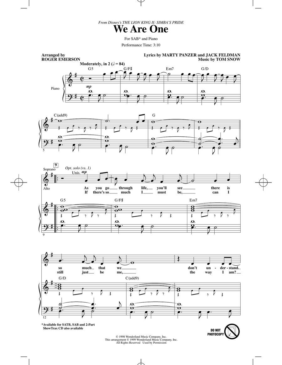 We Are One (from The Lion King II: Simba's Pride) (arr. Roger Emerson) 3-Part scores gallery preview page 1