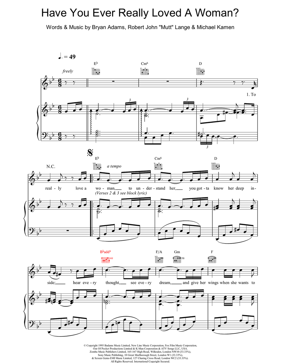 Have You Ever Really Loved A Woman? Piano, Vocal, Guitar scores gallery preview page 1