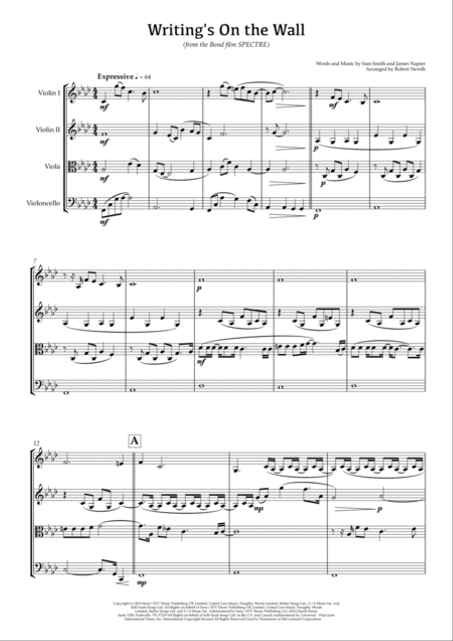 Writing's On The Wall from the film SPECTRE String Quartet scores gallery preview page 1