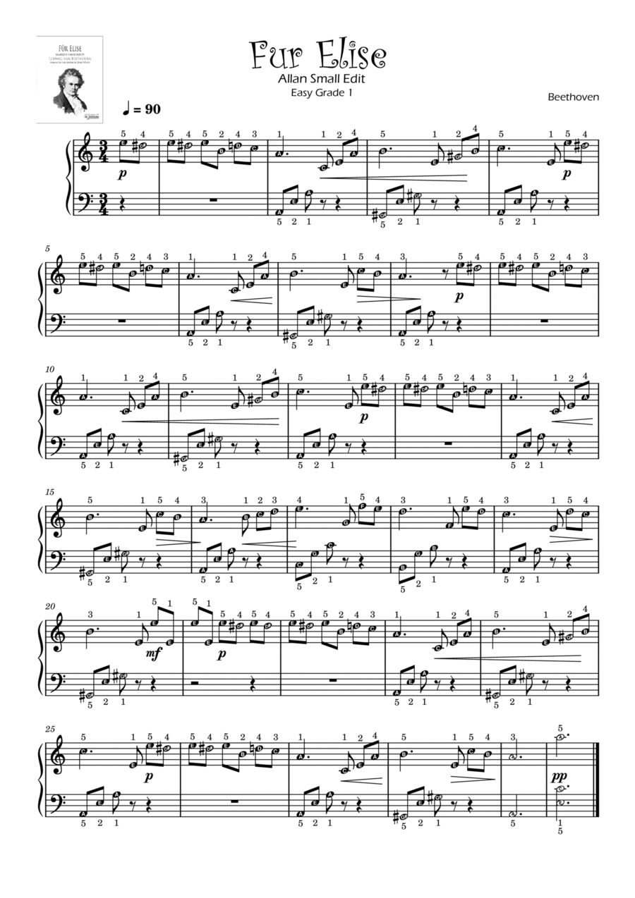 Fur Elise for Grade 1 (After Beginner's Level) with note names ~ Self Learning Series Easy Piano scores gallery preview page 1