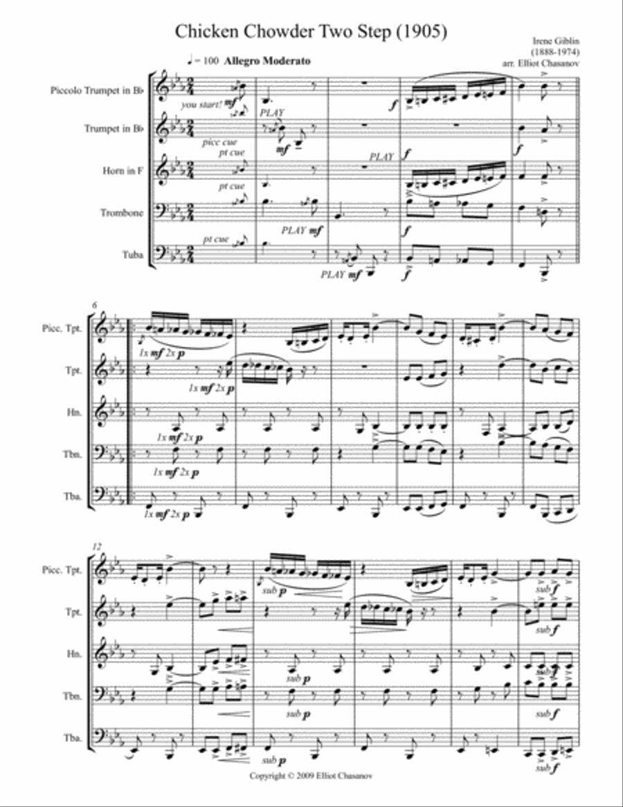 Chicken Chowder Two Step (1905) for brass quintet