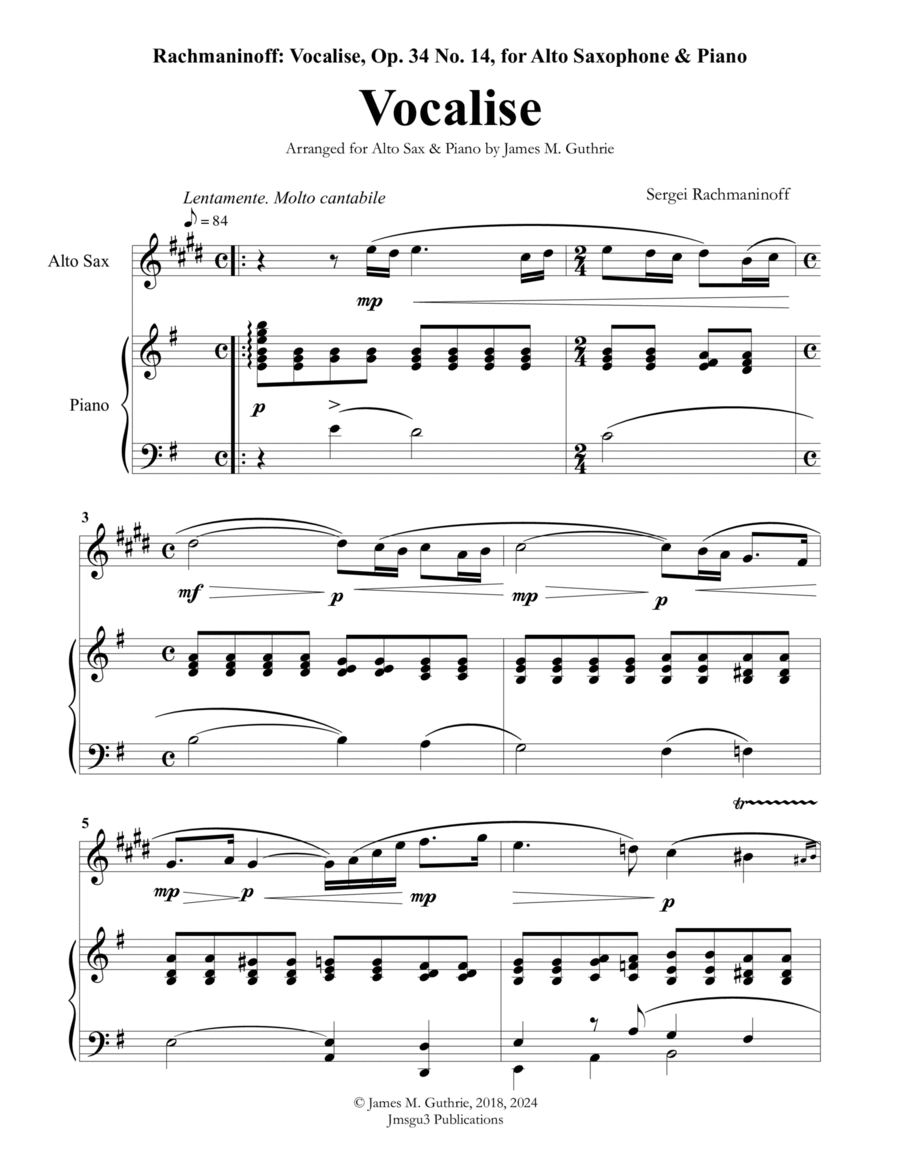Rachmaninoff: Vocalise for Alto Sax & Piano Alto Saxophone scores gallery preview page 1