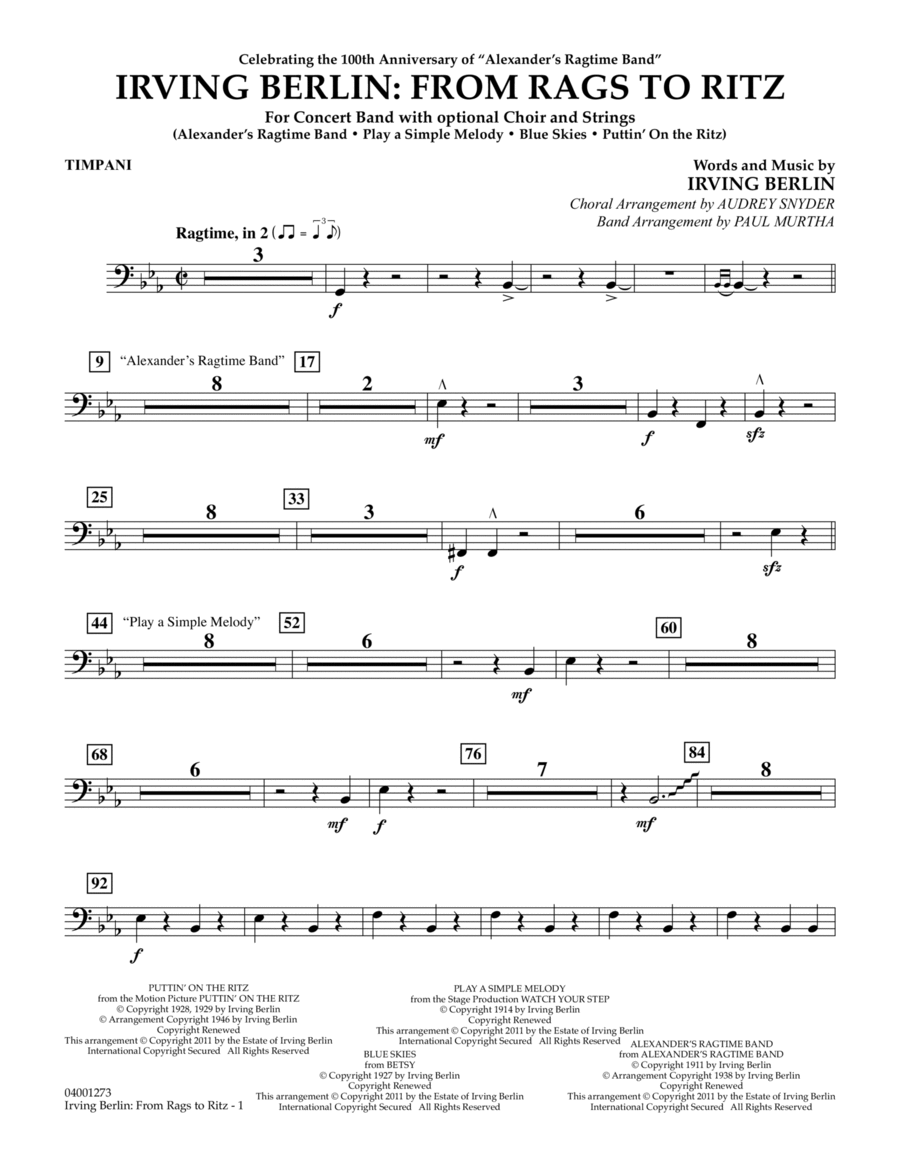 Irving Berlin: From Rags To Ritz - Timpani Concert Band scores gallery preview page 1