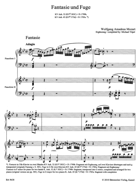 Fantasia in G minor and Fuga in G major, Sonata Movement (Grave and Presto) in B-flat major for two Pianos, KV Anh. 32, KV Anh. 45, KV Anh. 42