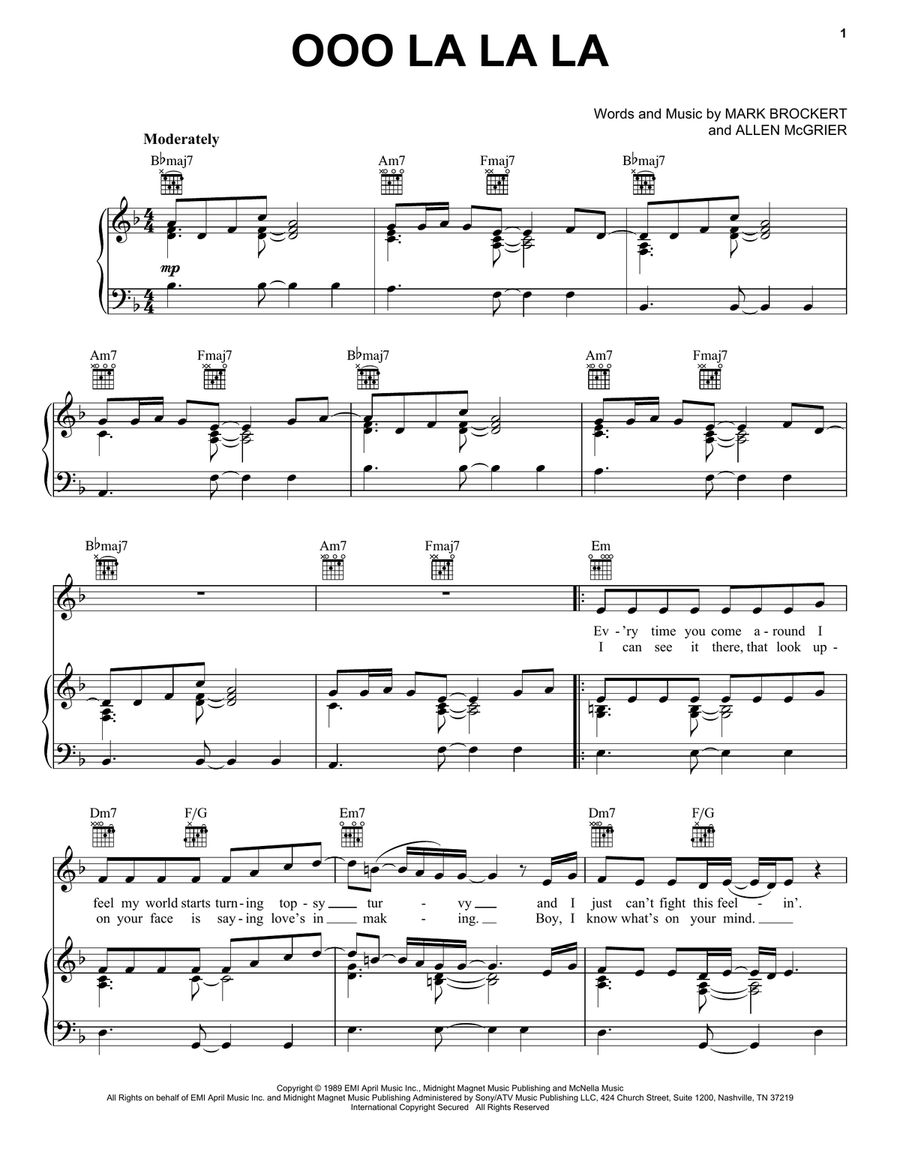 Ooo La La La Piano, Vocal, Guitar scores gallery preview page 1