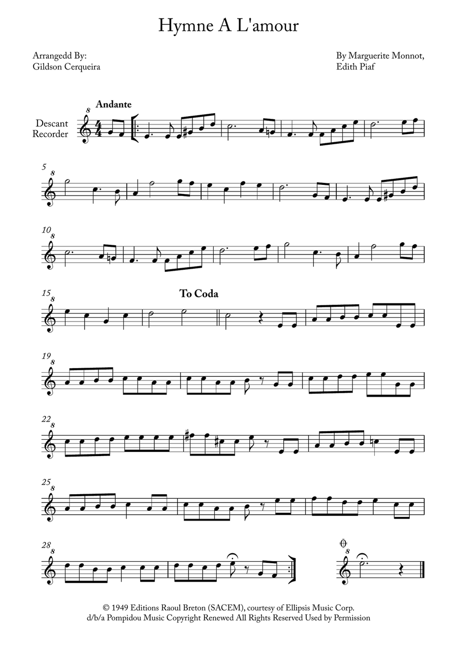 Hymne A L'amour Soprano Recorder scores gallery preview page 1