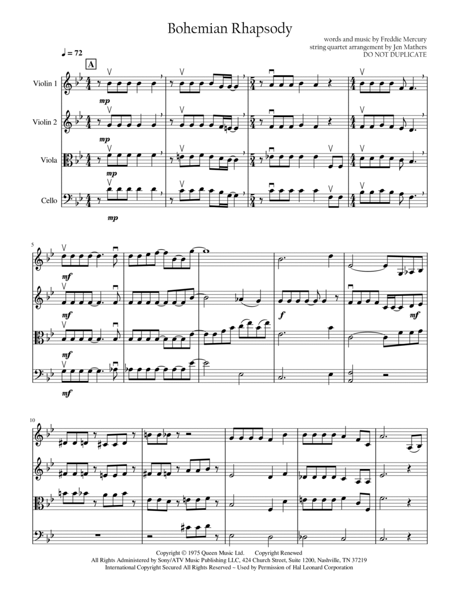 Bohemian Rhapsody String Quartet scores gallery preview page 1