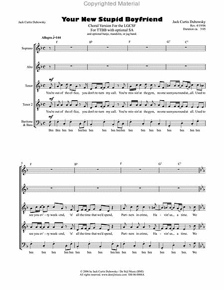 Your New Stupid Boyfriend (TTBB + Optional SA) by Jack Curtis Dubowsky Choir - Sheet Music