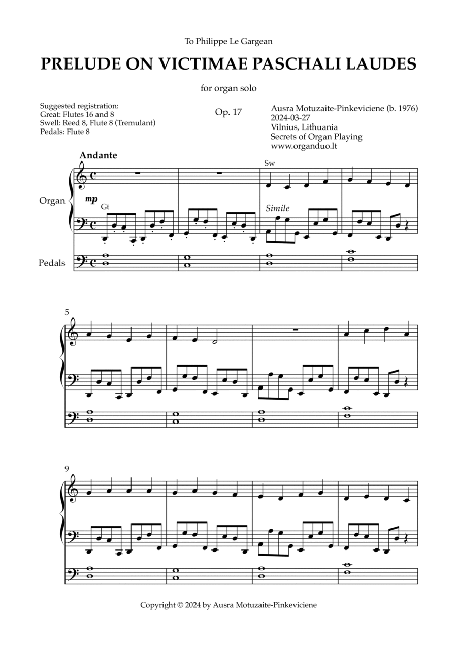Prelude on Victimae Paschali Laudes, Op. 17 (Organ Solo) by Ausra Motuzaite-Pinkeviciene Organ Solo scores gallery preview page 1