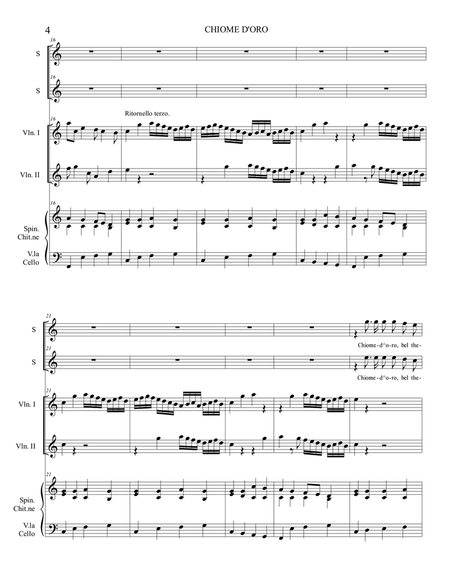 CHIOME D'ORO - C. Monteverdi - For 2 Soprano, 2Violini, Spinetta, e Basso (Cello) Small Ensemble scores gallery preview page 4