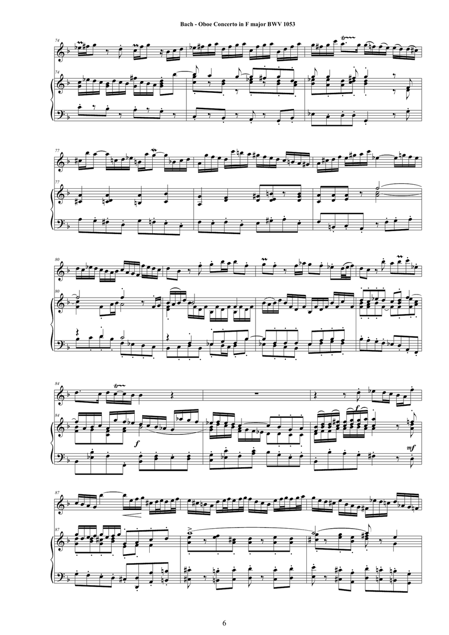 Bach - Oboe Concerto in F major BWV1053 for Oboe and Piano - Score and Oboe part Piano scores gallery preview page 6