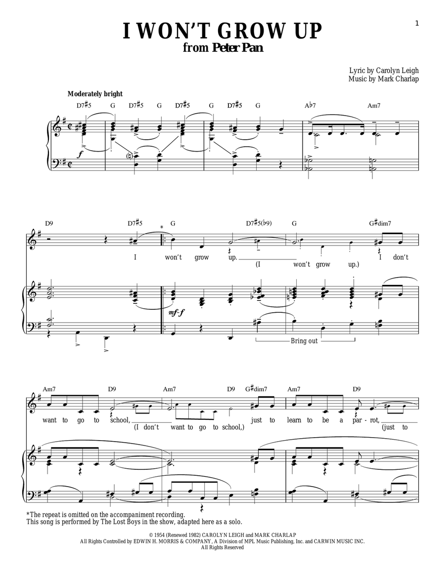 I Won't Grow Up Piano, Vocal scores gallery preview page 1
