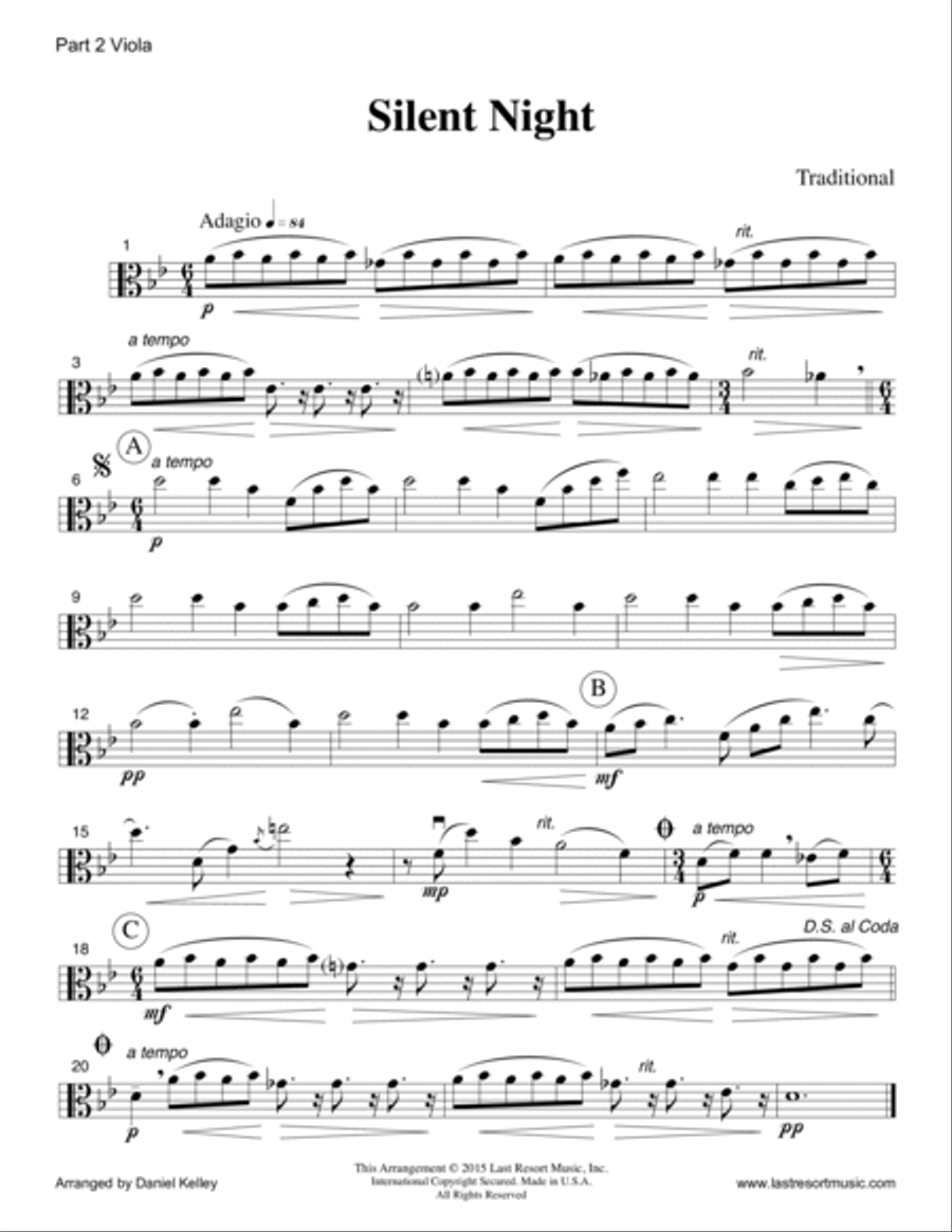 Silent Night for Piano Quartet (Violin, Viola, Cello, Piano) Set of 4 Parts 4-Part scores gallery preview page 3