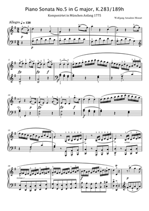 Book cover for Mozart - Piano Sonata No. 5 in G Major, K. 283 I. Allegro - Original With Fingered - For Piano Solo