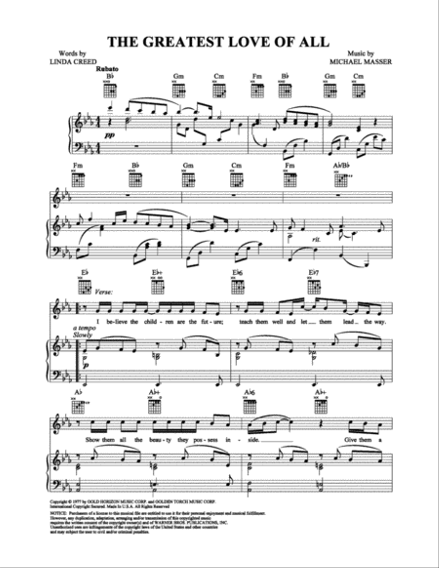 The Greatest Love of All Piano, Vocal, Guitar scores gallery preview page 1