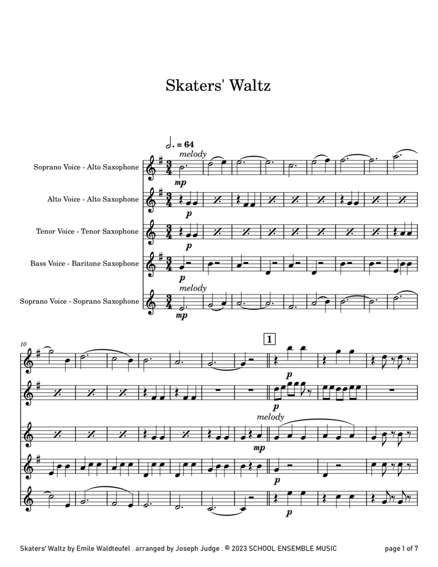 Skaters' Waltz by Waldteufel for Saxophone Quartet in Schools Saxophone Quartet scores gallery preview page 1