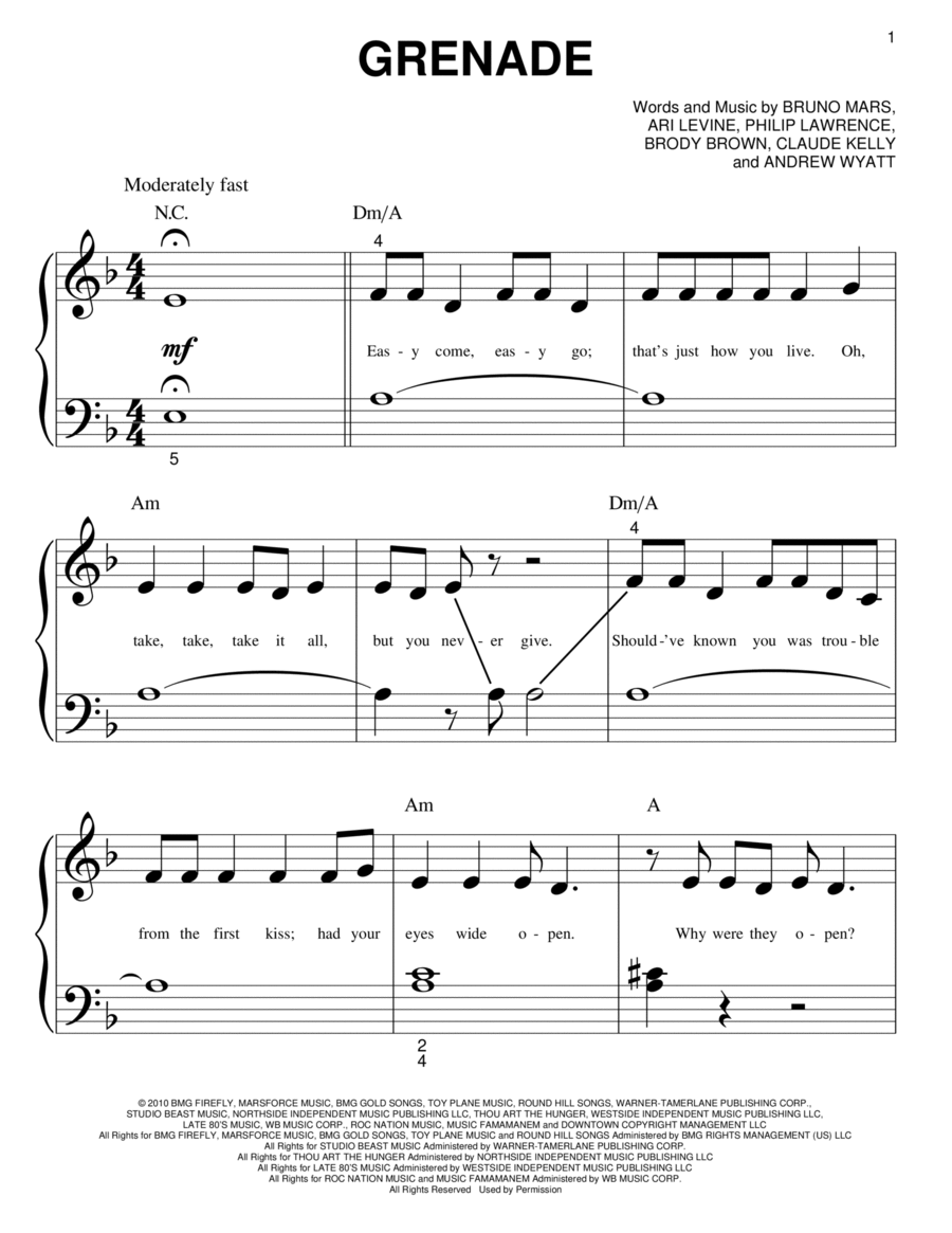 Grenade Easy Piano scores gallery preview page 1