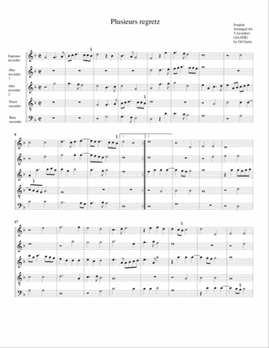 Plusieus regretz (arrangement for 5 recorders) Recorder scores gallery preview page 1