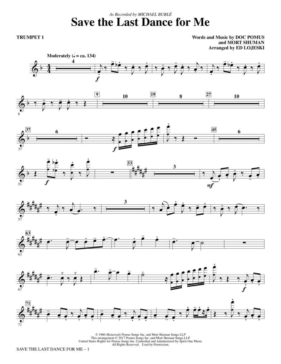 Save the Last Dance for Me (arr. Ed Lojeski) - Trumpet 1 Choir scores gallery preview page 1