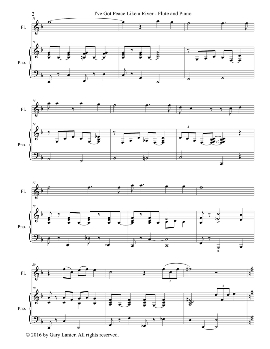 Gary Lanier: I'VE GOT PEACE LIKE A RIVER (Duet – Flute & Piano with Parts) Flute Solo scores gallery preview page 3